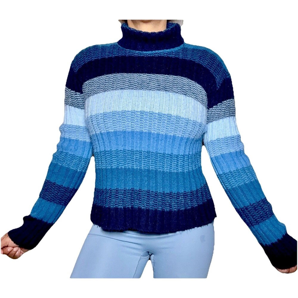 Y2K 2000s Blue Striped Ribbed Fitted Turtleneck Sweater Acrylic Womens L